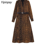 Yipinpay 2023 Women Elegant Leopar Mid-Calf Dresses With Belt Fashion Female V-neck Party Vestidos Long Sleeved Dresses Soft Outwear