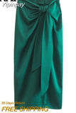 Yipinpay Green Long Skirts For Women Knot Satin Skirt Woman Ruched High Waist Slit Midi Skirt Fashion Streetwear Elegant Skirts Sets
