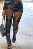 Yipinpay Women Mesh&Pu Leather Patch High Waist Zipper Pants Skinny Spring&Autumn Black Pencil Pants