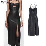 Yipinpay Elegant Autumn Women Faux-leather Dresses 2023 Fashion PU Solid Vestidos With Stitching Sleeveless Backless Pullover Dress