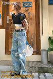 Yipinpay Green Floral Y2k Fashion Denim Jeans Pants For Womens Camo Hot Straight Loose Cowboy Trousers Trend Wide Leg Women