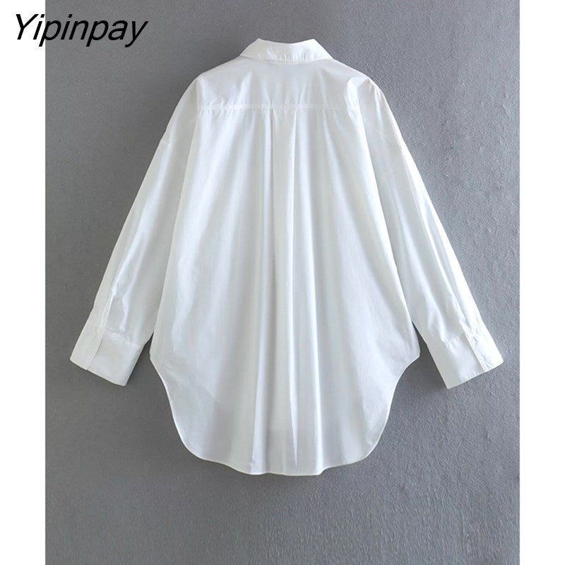 Yipinpay Summer Women Oversized Poplin Blouses Shirt 2023 Causal Turn-Down Collar Tops Vintage Single Breasted Pockets T-Shirts