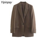 Yipinpay Women Office Outfits Blazer Suit 2023 Autumn Winter 2Pcs Single Button Notched Jacket+Zipper Long Trousers Basic Outwear