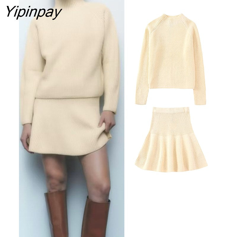 Yipinpay Soft Solid Knitted Sweater Skirt Set 2023 Vintage Warm Turtleneck Knitting Tops Casual Elegant Mini A-Line Skirt Lady Suit