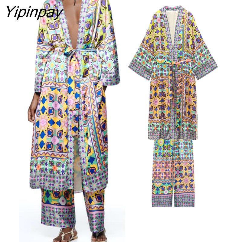 Yipinpay 2pcs Summer Women Plaid Pant Set 2023 X-Long Kimono Style Shirts With Belt+Drawstring Trousers Suit Female Casual Clothes