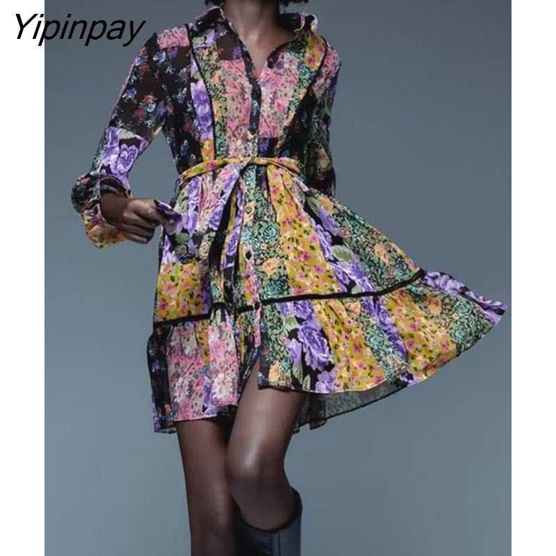 Yipinpay 2023 Spring Autumn Women Printed Mini Dresses With Belt Elegant Turn Down Collar Dress A-line Long Sleeve Vestidos