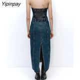 Yipinpay Women Elegant Mid-Calf Denim Dresses 2023 Fashion Off Shoulder Female Party Vestidos Back Split Pockets Dresses Outwear