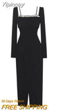 Yipinpay Elegant Evening Party Dress Woman Vintage Black Midi Dress Long Sleeve Casual Slim Dress Korean Fashion 2023 Autumn Chic