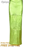 Yipinpay Sparkly Slit Long Skirts Women High Waist Metallic Green Slim Maxi Skirt 2023 Summer Harajuku Elegant Fairy Grunge Clothes