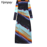 Yipinpay 2023 Spring Summer Printed Tulle Dresses Vintage Elegant Party Sheath Mid-Calf Dress Long Sleeve O-neck Vestidos