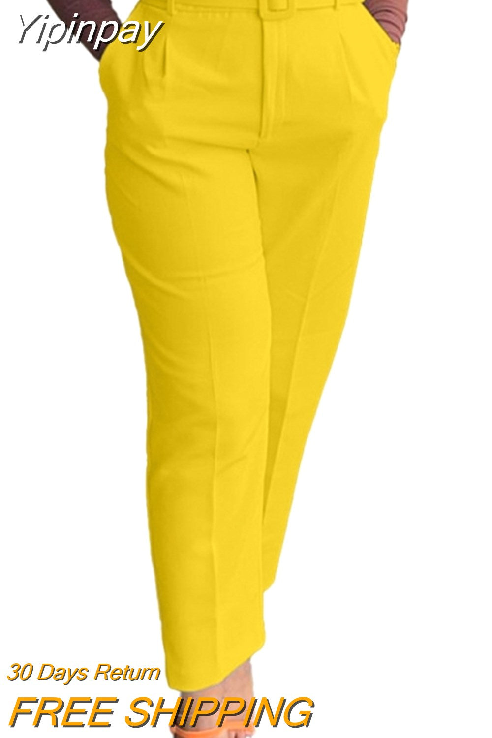 Yipinpay Women Shiny Yellow Capris Pants High Waist Trousers Office Work Lady Ankle Length Summer Bottoms Capris 2023 Spring Summer