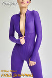 Yipinpay Autumn Line Striped Purple Jumpsuit Women 2023 Zipper Long Sleeve Crew Neck Female Playsuit Street Office Kadin Tulum