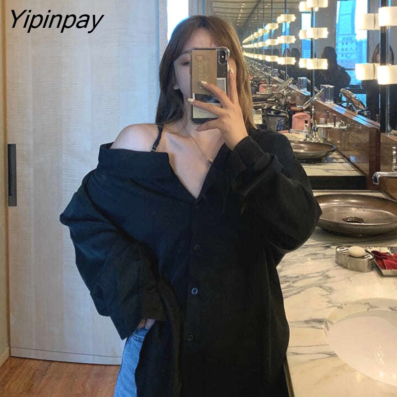 Yipinpay Oversize One Shouler Black Shirt Women Casual Long Sleeve Button Ladies Blouse 2023 Summer Daily Female Tops Tunic