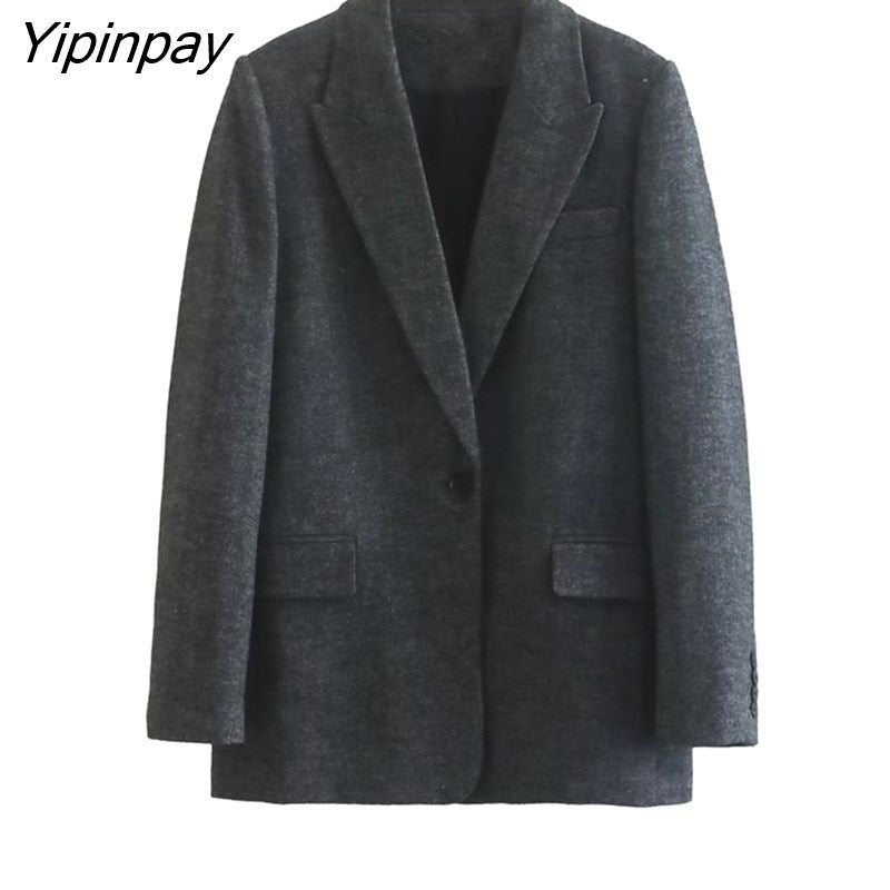 Yipinpay Women Chic Office Lady Single Button Blazer Vintage Coat Fashion Notched Collar Long Sleeve Ladies Outerwear Stylish Tops