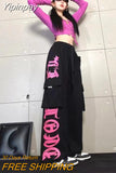 Yipinpay Street Hip-Hop Loose Casual Dancing Sports Pants Retro Multi-Pocket Black Rose Pink Printed Overalls Trousers Female