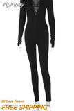 Yipinpay Shoulder Pads Long Sleeve Jumpsuit Women Summer Cross Bandage Sexy Jumpsuits Femme Black V-Neck Bodycon Overalls
