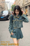 yipinpay Women Blue Denim Jacket Outwear Single-breasted POLO Collar Fashion Vintage Leisure Short Coat Tops Irregular Short Skirt Suit
