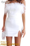 Yipinpay Feathers Off-Shoulder Mini Dress Elegant Party Wrap Bodycon Dresses Summer Women Sleeveless Slash Neck Tube Dress