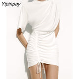 Yipinpay Elegant Solid Pleated Dresses For Women 2023 New Summer Asymmetrical Sexy Mini Dresses One Shoulder Sheath Folds Vestidos