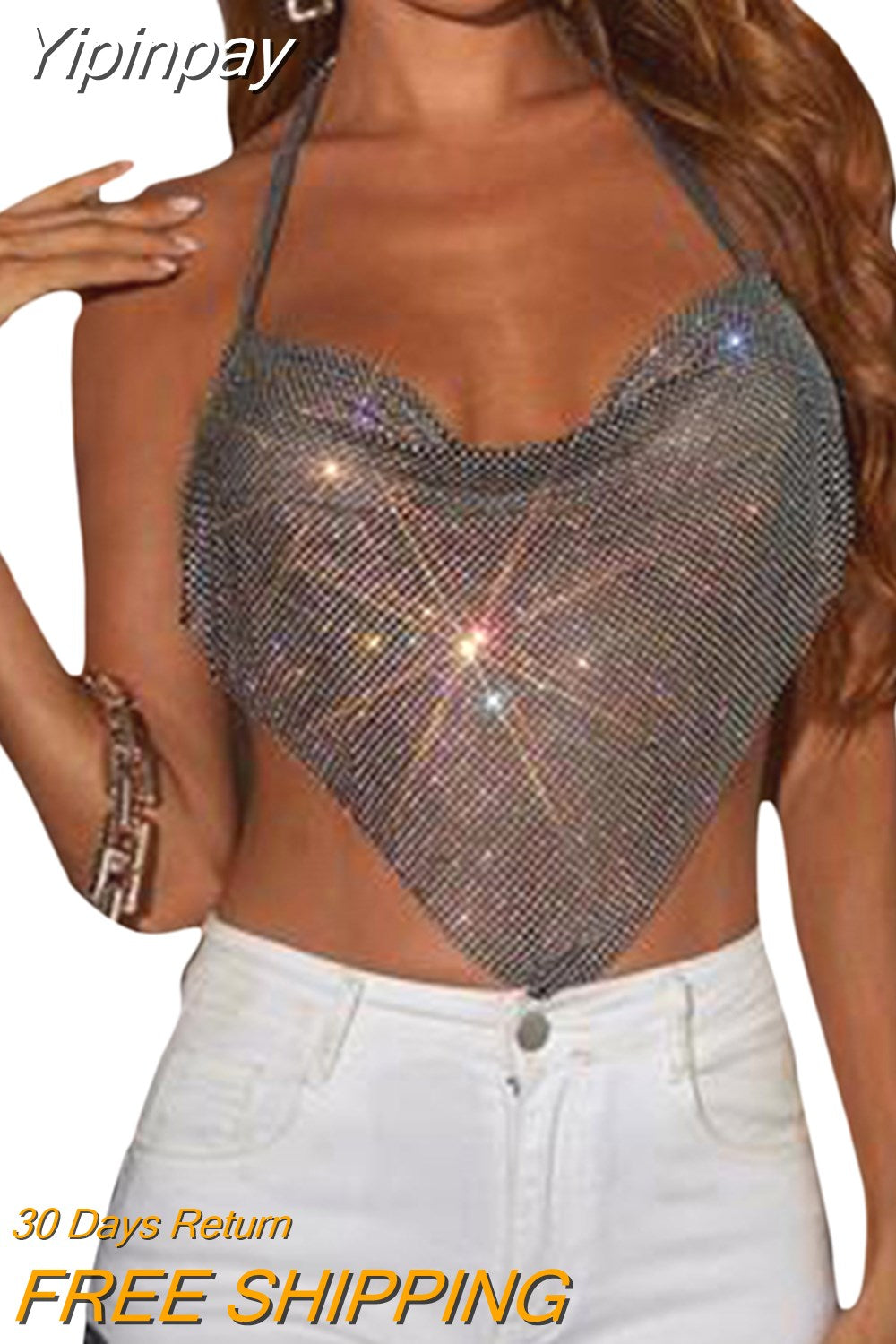 Yipinpay Sparkly Rhinestones Glitters Halter Crop Tank Tops Sexy Women Backless Chains Linked Sleeveless Vest Tops for Club Party