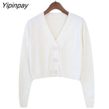 Yipinpay Summer Knitted Crop Cardigan Women Korean Short Sweater Long sleeve V neck Green Blue