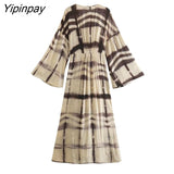 Yipinpay Elegant Women Printed Mid-Calf Dresses With Lace 2023 Spring Summer V-neck Dresses A-line Flare Sleeve Vestidos