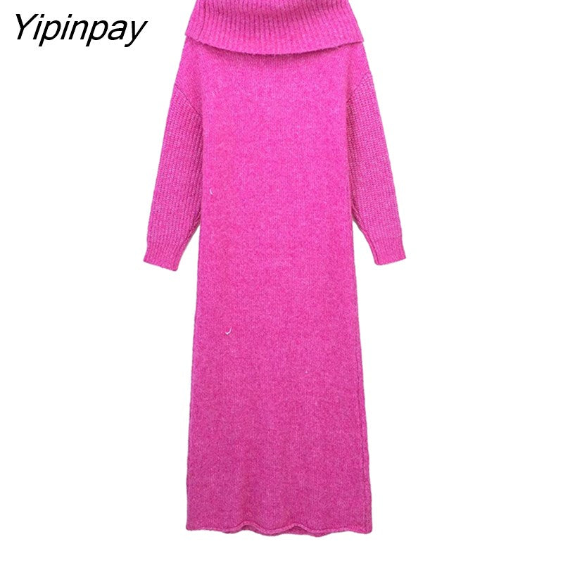 Yipinpay Warm Winter Women Long Knitted Dress 2023 Ladies Party Mid-Calf Scarf Collar Vestidos Fashion Long Sleeve A-line Swearters
