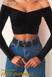 Yipinpay New Off Shoulder Long Sleeve Tops Women Solid Ribbed T-shirt Casual Slim Slash Neck Bandeau Crop Tops Female Chic Tees