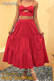 Yipinpay Womens Summer Skirt Boho Elastic Waist Pleated A-Line Flowy Layered Long Beach Skirt With Pockets Casual Street Style S-XL