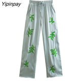 Yipinpay Women Embroidery Pants Sets 2023 Spring Autumn Long Sleeve Blouse+Drawstring Trousers Set Thin Elastic High Waist Pants