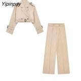 Yipinpay 2023 Women Windbreak Suit Sets Female Solid Long Sleeve Jackets With Belt High Waisted Casual Wide Leg Suits Pants Set