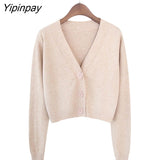 Yipinpay Summer Knitted Crop Cardigan Women Korean Short Sweater Long sleeve V neck Green Blue