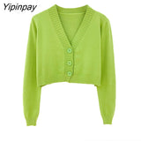 Yipinpay Summer Knitted Crop Cardigan Women Korean Short Sweater Long sleeve V neck Green Blue