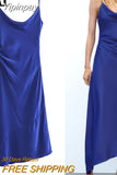 Yipinpay 2023 Satin Long Dress Women Summer Blue Slip Dress Woman Asymmetric Backless Sexy Party Dresses Elegant Evening Dresses