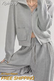 Yipinpay Vintage Lapel Knitted Cardigan Women Spring Autumn Chic Fitness Double Zipper Long Sleeve Sweater with Pockets