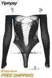 Yipinpay Hot Drill Backless Hollow Bodysuit Women Body Sexy De Rejilla De Manga Larga Nightclub Party Hot Girl Workwear Playsuit