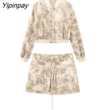 Yipinpay Women Spring Pilot Jackets Skirt Sets 2023 Fashion Print Long Sleeved Short Coats Pockets Elastic Waist Mini Skirts Outwear