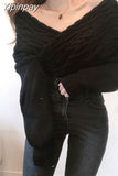 Yipinpay Off Shoulder Sexy V-neck Cross Loose Twist Patchwork Sweaters Solid Color Long Sleeve Knitted Pullovers Autumn Spring 2023