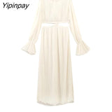 Yipinpay Elegant Women Solid Hollow Out Dress 2023 Summer Fashion Flare Sleeve Mid-Calf Dresses Casual Beach Style A-line Vestidos