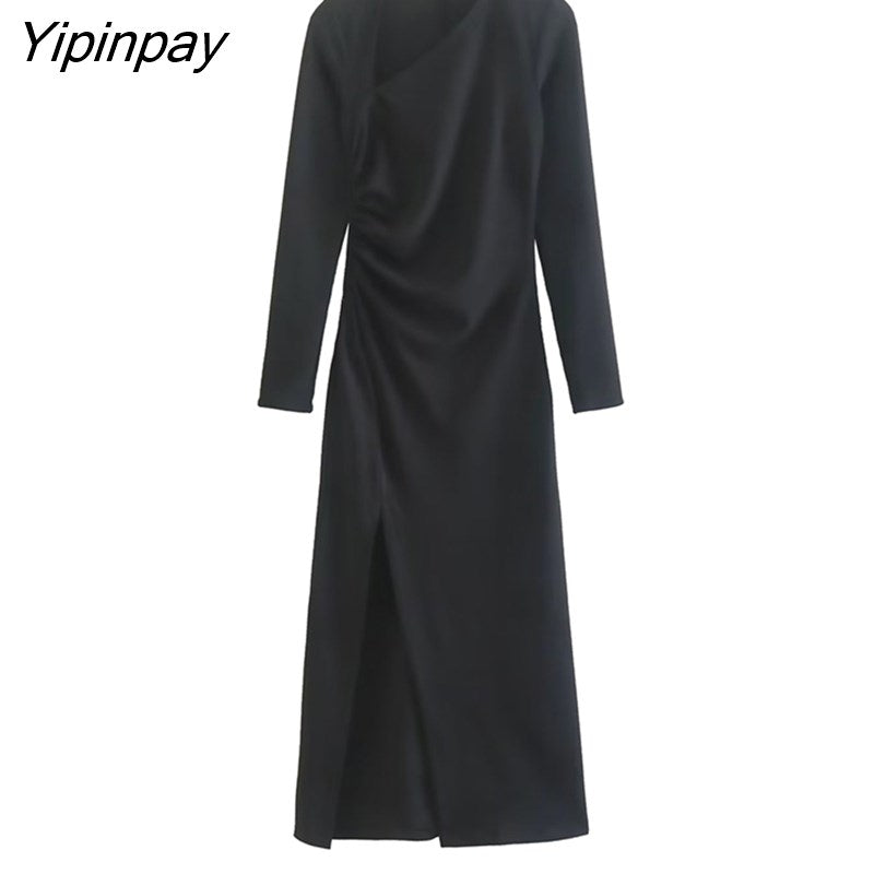 Yipinpay Women Elegant Mid-Calf Dresses 2023 Fashion Diagonal Collar Female Party Vestidos Long Sleeved Dresses Soft Outwear