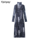 Yipinpay Elegant Women Patchwork Tulle Dresses Vintage Party Sheath Mid-Calf Dress Long Sleeve Turtleneck Vestidos Spring Autumn