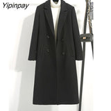 Yipinpay Cotton Mixed Black Woolen Coat Women's Long Winter Korean Version Slim Fitting Thickened With