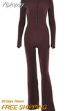 Yipinpay Long Sleeve Ribbed Jumpsuits For Women Brown Button Wide Legs Jumpsuit Romper 2023 Femme Autumn Winter Casual Overalls