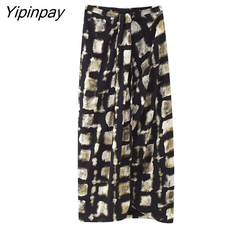 Yipinpay 2023 New Fashion Women Printed Skirts Sets Summer Casual Sleeveless Plaid Top Side Mid-Calf Skirts High Street Outwear