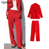 Yipinpay 2023 Spring Office Lady Red Blazer Suits Sets Women Fashion Double Breasted Jacket Solid High Waiste Zipper Straight Pants