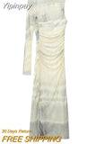 Yipinpay Print Tulle Long Dress Women Off Shoulder Mesh Dress Woman Asymmetric Long Sleeve Midi Dresses Semi Sheer Midi Dresses