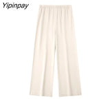 Yipinpay Spring Women Solid Soft Loose Pants Sets 2023 Casual O-Neck Oversized Short Shirt Tops Elastic Waist Wide Leg Pants