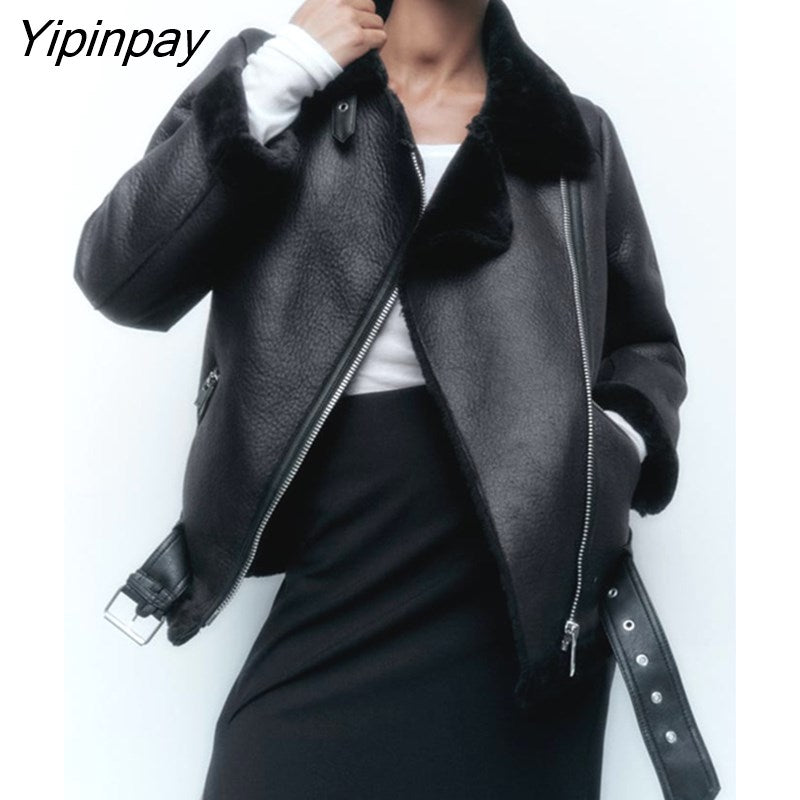 Yipinpay Women Winter Fur Faux Leather Coats 2023 Fleece Thicken Warm Long Sleeve PU Jacket Vintage Female Waistcoat Chic Tops