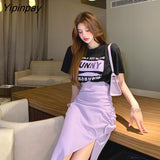 Yipinpay Summer New Two-piece Suit Loose Casual Print T-shirt And High Waist Slit Skirt 2 Piece Set Women