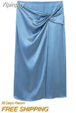 Yipinpay Knot Satin Skirt Women Blue High Waist Midi Skirt Woman Long Skirts For Women Fashion 2023 Chic And Elegant Woman Skirt